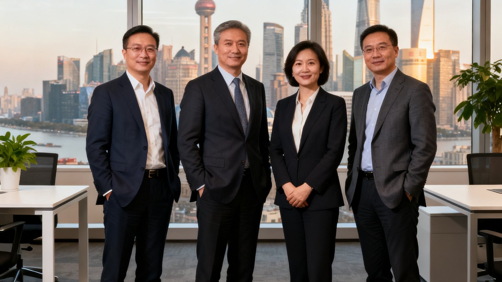 PA集团中国四位创始人在陆家嘴总部办公室合影，背景是上海天际线透过落地窗展现都市繁华，四人神态自信从容身着商务正装