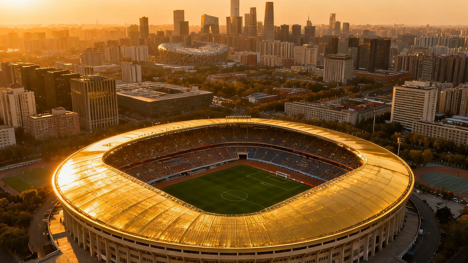 北京工人体育场全景航拍画面，现代化足球场馆在夕阳下呈现金色光泽，四周城市天际线环绕，场内绿色草坪平整如毯