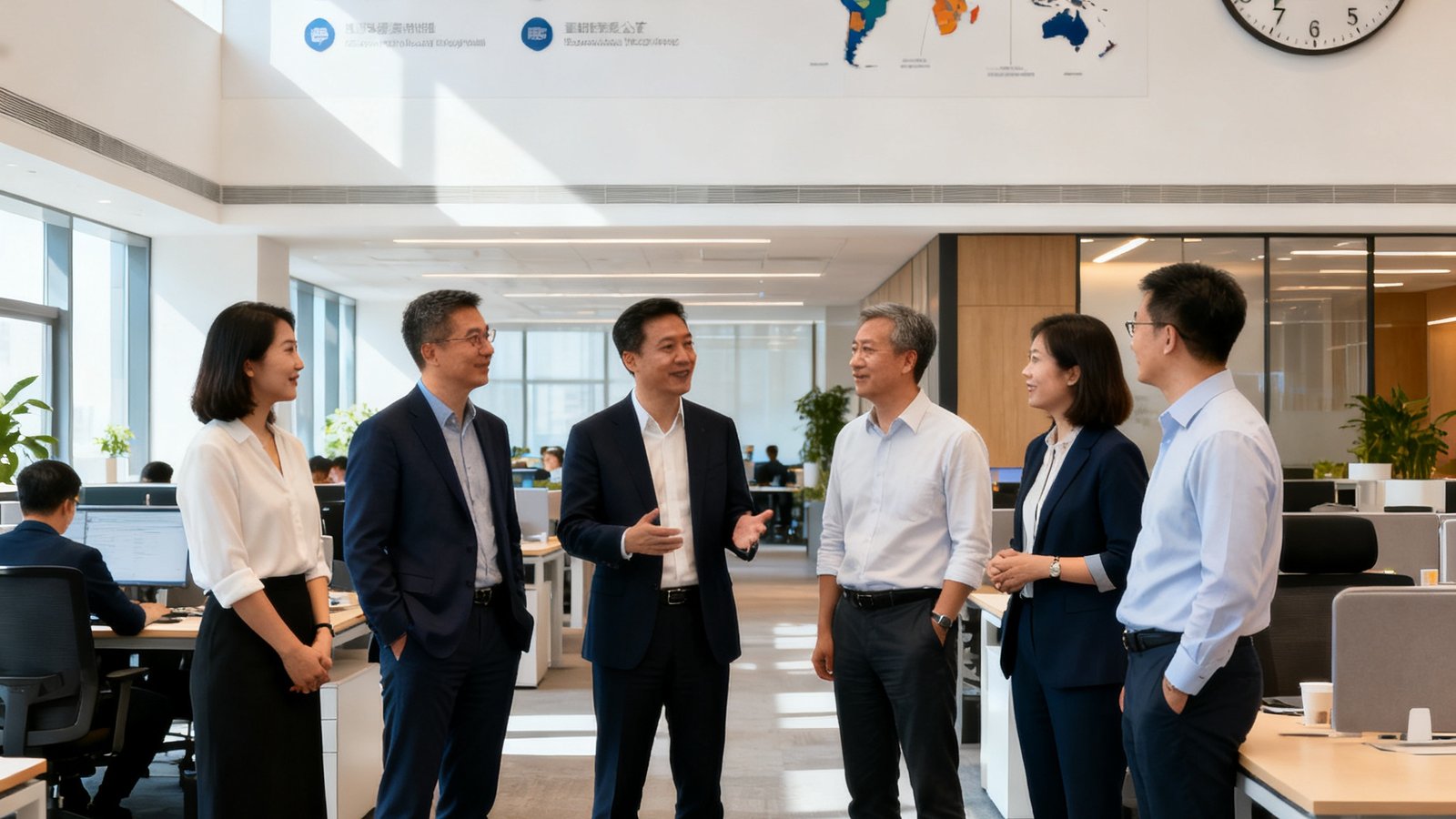 PA集团中国核心管理团队成员在总部开放式办公区站立交谈，背景可见企业文化墙与全球时钟装饰，氛围专业而富有活力